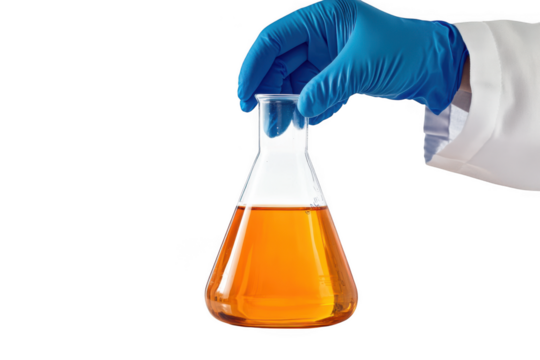 Gloved hand holding flask filled with orange liquid in laboratory on transparent background