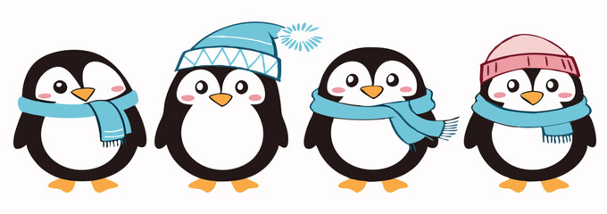 Cute Cartoon Penguin Collection – Winter Holiday, Snow Fun, and Summer Beach Clipart Set for Kids Designs and Seasonal Decorations.