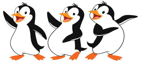 Penguin Vector Collection – Stylized Emperor Penguins Walking, Swimming, and Grouped in Arctic Wildlife Scene.