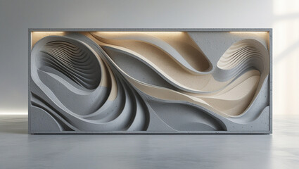 Serene sculpted stone waves flow organically creating a calming minimalist architectural feature with subtle backlighting and a neutral gray palette.