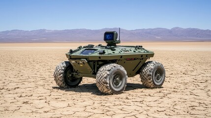 Olive Green All Terrain Military Robot in Desert Landscape