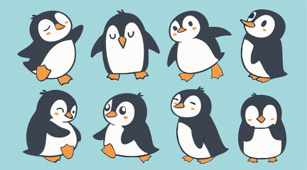 Penguin Vector Collection – Stylized Emperor Penguins Walking, Swimming, and Grouped in Arctic Wildlife Scene.