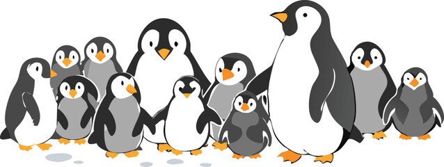 Penguin Vector Collection – Stylized Emperor Penguins Walking, Swimming, and Grouped in Arctic Wildlife Scene.