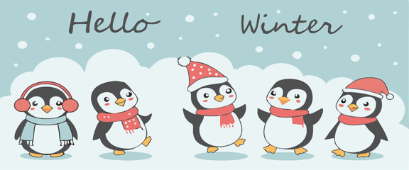 Cute Cartoon Penguin Collection &ndash; Winter Holiday, Snow Fun, and Summer Beach Clipart Set for Kids Designs and Seasonal Decorations.