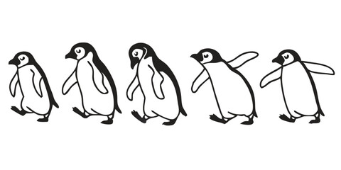 Penguin Vector Collection – Stylized Emperor Penguins Walking, Swimming, and Grouped in Arctic Wildlife Scene.
