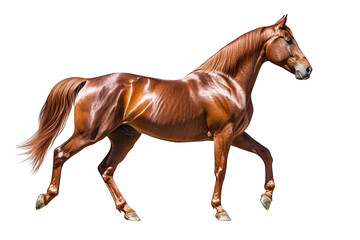 Obraz premium A chestnut horse is walking with its head up on a dark setting on transparent background