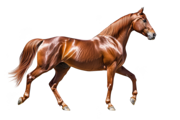 A chestnut horse is walking with its head up on a dark setting on transparent background