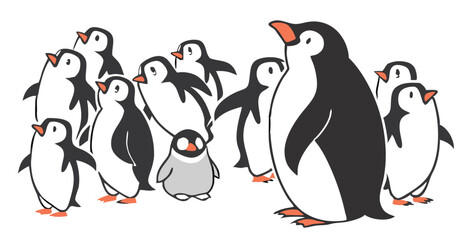 Penguin Vector Collection – Stylized Emperor Penguins Walking, Swimming, and Grouped in Arctic Wildlife Scene.