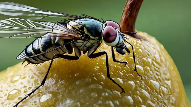 Close-up of green bottle fly perched on ripe yellow pear with water droplets, showcasing insect details and natural texture of fresh fruit

