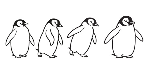 Fototapeta premium Penguin Vector Collection – Stylized Emperor Penguins Walking, Swimming, and Grouped in Arctic Wildlife Scene.