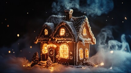 Fototapeta premium Illuminated gingerbread house surrounded by snow and festive shimmering lights