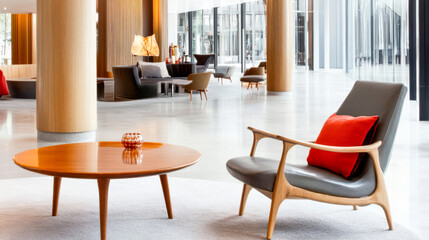 Modern interior design of a stylish lounge area with wooden furniture and natural lighting