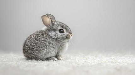 Obraz premium A tiny speckled gray bunny sits alertly on fluffy white ground against a soft gray backdrop creating a serene gentle scene.