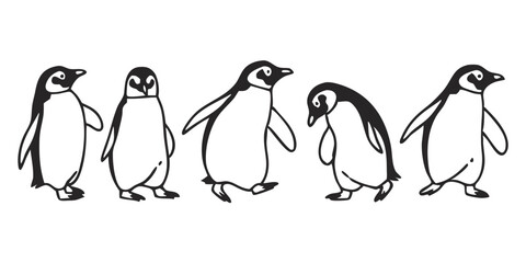 Penguin Vector Collection – Stylized Emperor Penguins Walking, Swimming, and Grouped in Arctic Wildlife Scene.