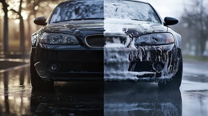 A dark car's front half is covered in sudsy car wash foam.