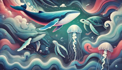 Obraz premium Whales, Jellyfish, and Sea Turtle Swimming in a Surreal Underwater Scene