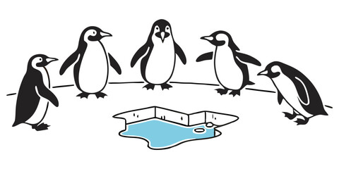Penguin Vector Collection – Stylized Emperor Penguins Walking, Swimming, and Grouped in Arctic Wildlife Scene.