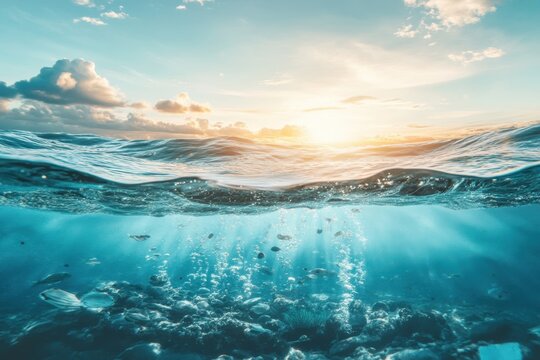 Sunlight filtering through ocean waves with a vibrant underwater view at sunset