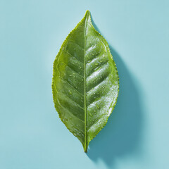 A single, vibrant green leaf with water droplets rests on a light blue background, showcasing its glossy texture and natural beauty in a minimalist composition
