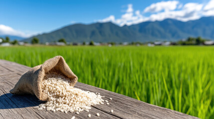 White Rice Spilled from Burlap Sack on Wooden Surface Against Lush Green Paddy Field and Mountain Background