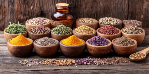 A collection of wooden bowls filled with various herbs, spices, and grains, perfect for culinary or natural health themes.