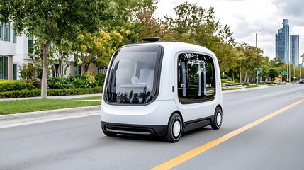Fototapeta premium Futuristic Self-Driving Vehicle on Urban Street in Modern Cityscape
