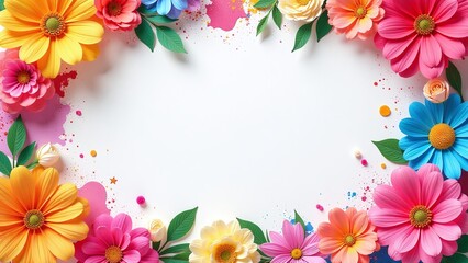 Pride month celebration with rainbow tones. Colorful floral elements and festive atmosphere. Invitation card and greeting frame layout. LGBTQ+ community unity.