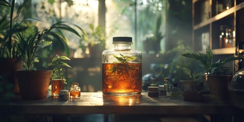 Glass jar with liquid on a wooden shelf with plants, creating an inviting scene for natural...