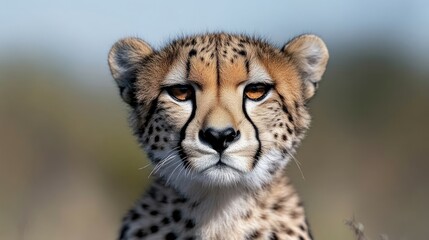 Close-up portrait of a cheetah.  Focused on the animal's face and upper body, showcasing its distinctive spotted coat and alert gaze.  Image captures the cheetah's wild beauty