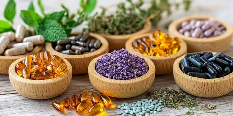 Wooden bowls containing dried herbs, seeds, and capsules, ideal for showcasing natural remedies or alternative medicine ingredients.