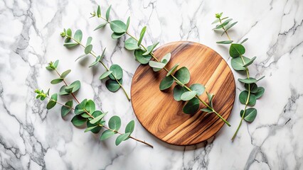 Eucalyptus Branches & Wooden Disc on Marble: Flat Lay Food Photography