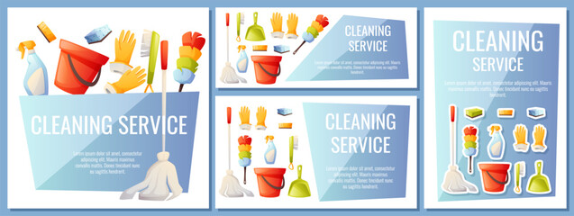 Cleaning services for apartments, residential buildings and commercial buildings. Mop, bucket, cleaning agent, spray, gloves. Set of designs of square postcard, horizontal banner and leaflet.