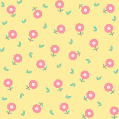Cute cartoon flower and leaves vector seamless pattern. Repeated flora pattern design for fabric, wrapping, textile, wallpaper, apparel, pajamas, card, stationary.