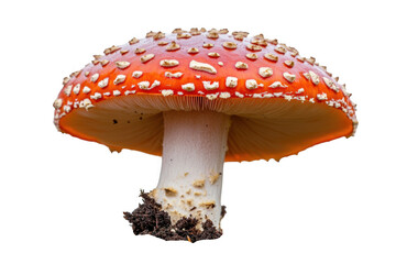 Close up view of a single red mushroom with white spots on top on transparent background