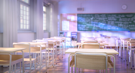 Empty classroom with wooden desks and chalkboard showing math formulas, ready for students to learn