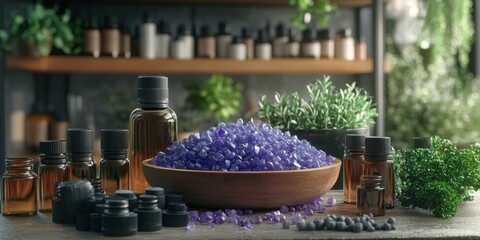 Bowl with herbs on a wooden table with bottles in the background, creating the perfect at-home herbalist set.
