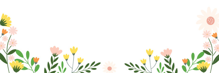 Floral border banner with colorful spring flowers and green leaves on white background &ndash; botanical frame illustration for greeting cards, invitations, seasonal designs, and decorative templates