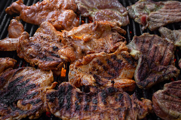Pork and chicken meat cooking on coal burning grill, soft focus close up