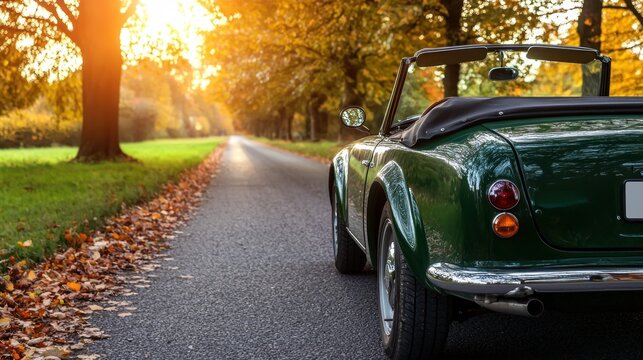 Classic convertible car parked on a scenic autumn road lined with golden trees at sunset