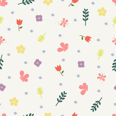 Cute weather pattern featuring sun, grass, butterfly, leaves, clouds, and flowers in a seamless natural vector design.