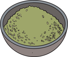 Pumpkin seeds minced, green powder in bowl isolated on white