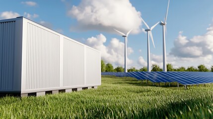 Obraz premium Renewable Energy Landscape with Solar Panels and Wind Turbines