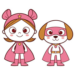 Cartoon Girl with Dog in Pink Super Hero Costume and Transparent Background