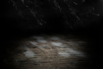 Moon light rays thru foliage at night, on weathered wood boards table, side view empty backdrop