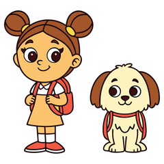 Cartoon Girl with Bun Hairstyle and Backpack with Cartoon Dog on White Background