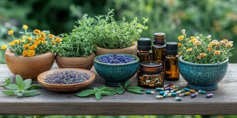 A set of little bottles arranged around bowls of dry and fresh ingredients, perfect for an apothecary theme.
