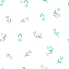 Tulip vector pattern, seamless repeating background, flat illustration. Pastel flower pattern with icons, floral wallpaper design for cards, fabric, wrapping, textiles, wallpaper, and stationery.