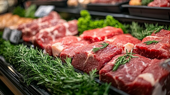 Fresh, raw beef steaks displayed in a grocery store.