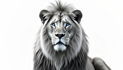 Obraz premium lion with a regal mane and a serene expression, its fur rendered in a range of subtle grayscale tones, against a pure white background that provides a striking contrast, its piercing blue eyes, with 