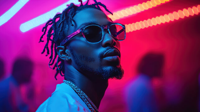 A stylish young man with dreadlocks and sunglasses poses confidently in a vibrant nightclub setting illuminated by neon lights creating a cool and trendy atmosphere.